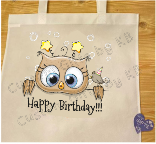 Happy Birthday tote sack with Cute Own and lil Bird