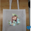 Brunette Girl with kitten and blue flowers custom tote sack - Image 2