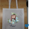 Brunette Girl with kitten and blue flowers custom tote sack - Image 3