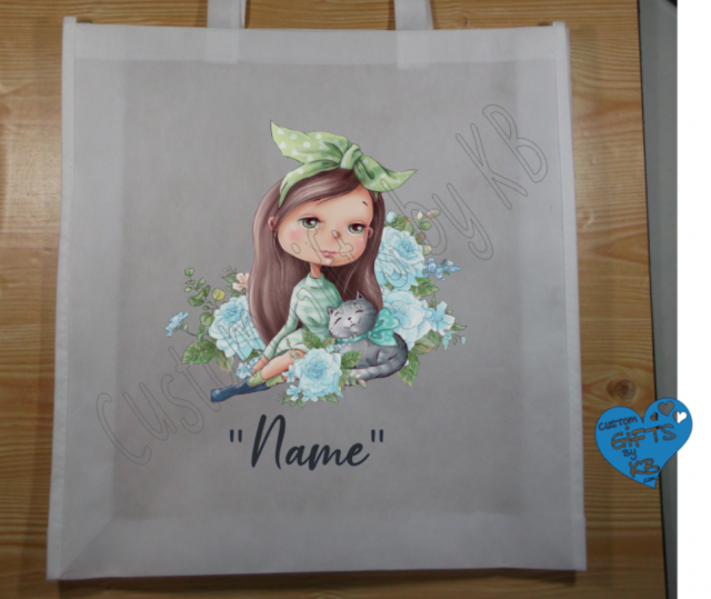 Brunette Girl with kitten and blue flowers custom tote sack