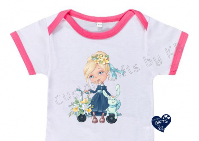 Blonde Girl with Blue Bunny and yellow flowers baby onesie