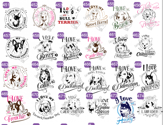 Assortment of I Love my Dog Designs