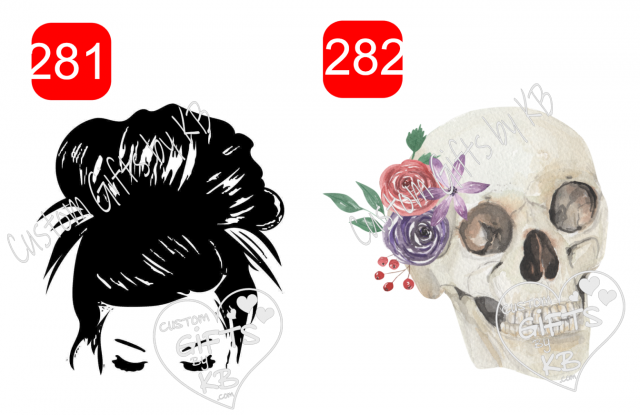 Messy Hair bun with Laces Sticker or Water Slide ~ Skull with Flowers Water Slide or Sticker